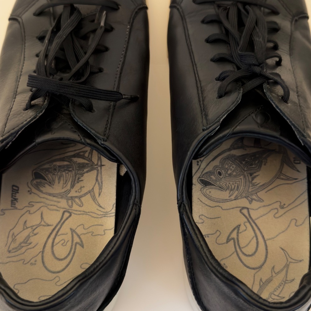 OluKai Kahu Pahaha Mens Black Leather Low Top Sneakers 10414-4019 Size 12 - Picture 7 of 8
